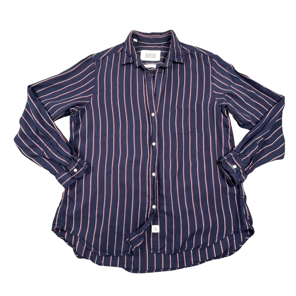 Grayson The Hero Navy Red Striped Button Down Shirt Lyocell Womens Size 04 Top